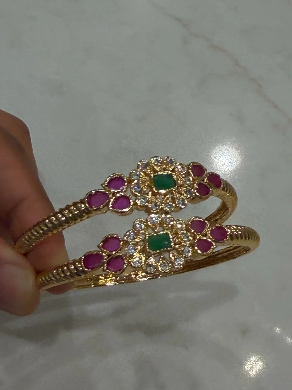Set of 2 Gold Bangles | Kundan Ruby Emerald Indian Pakistani Bridal Bangles